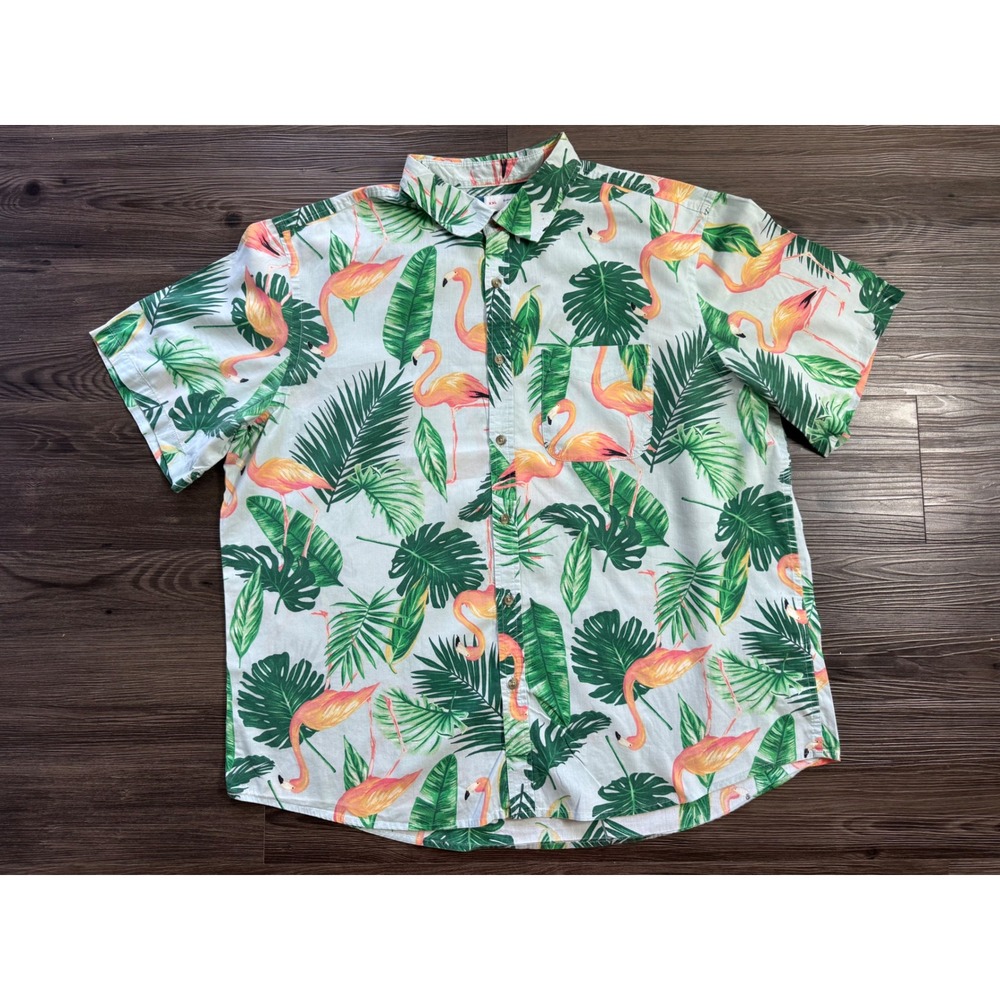 Old Navy Mens XXL Everyday Shirt Flamingo Tropical Palm Print Button Down Blue
